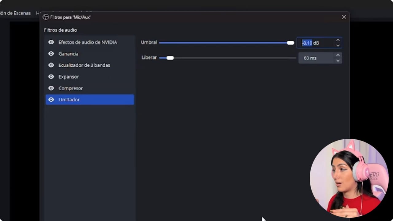 Filtro Limitador seleccionado al final de la cadena de audio en OBS