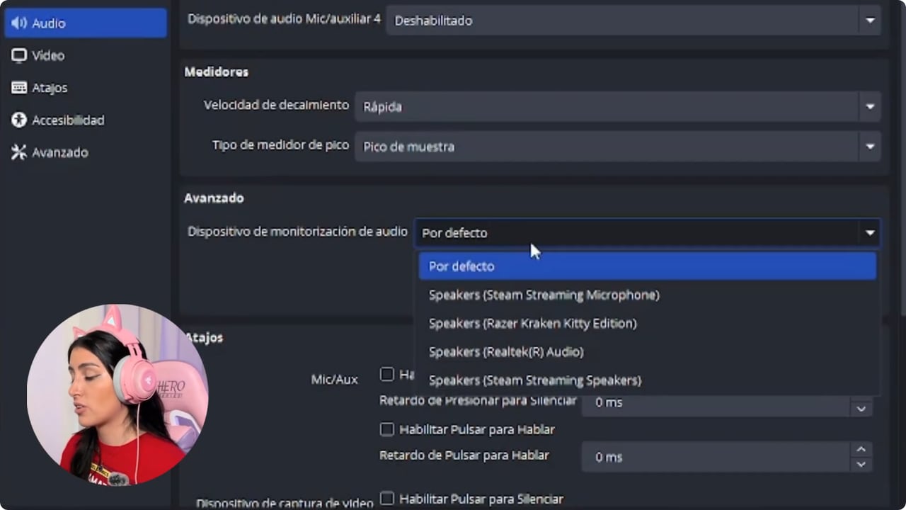 Ajustes avanzados de audio de OBS con dispositivo de monitorización