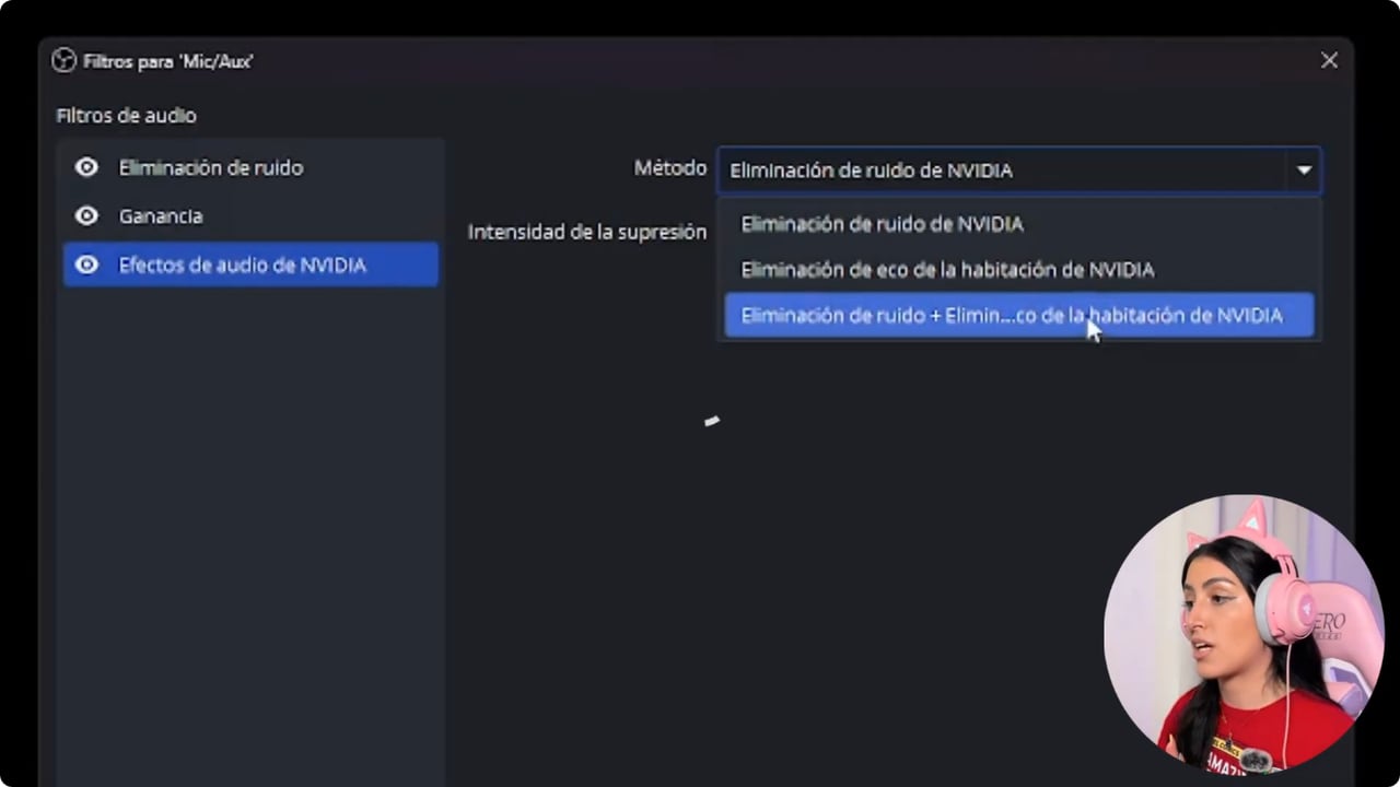 Efectos de audio de NVIDIA abiertos en los filtros del micrófono de OBS