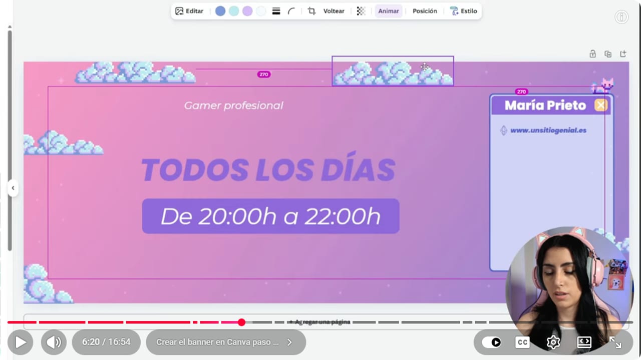 Banner de canal en Canva con horario y redes dentro de la zona central