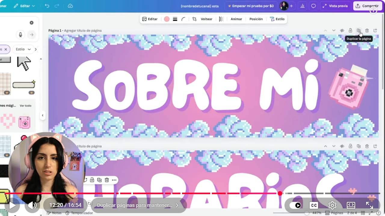 Panel Sobre mí de Canva con páginas relacionadas en la parte inferior