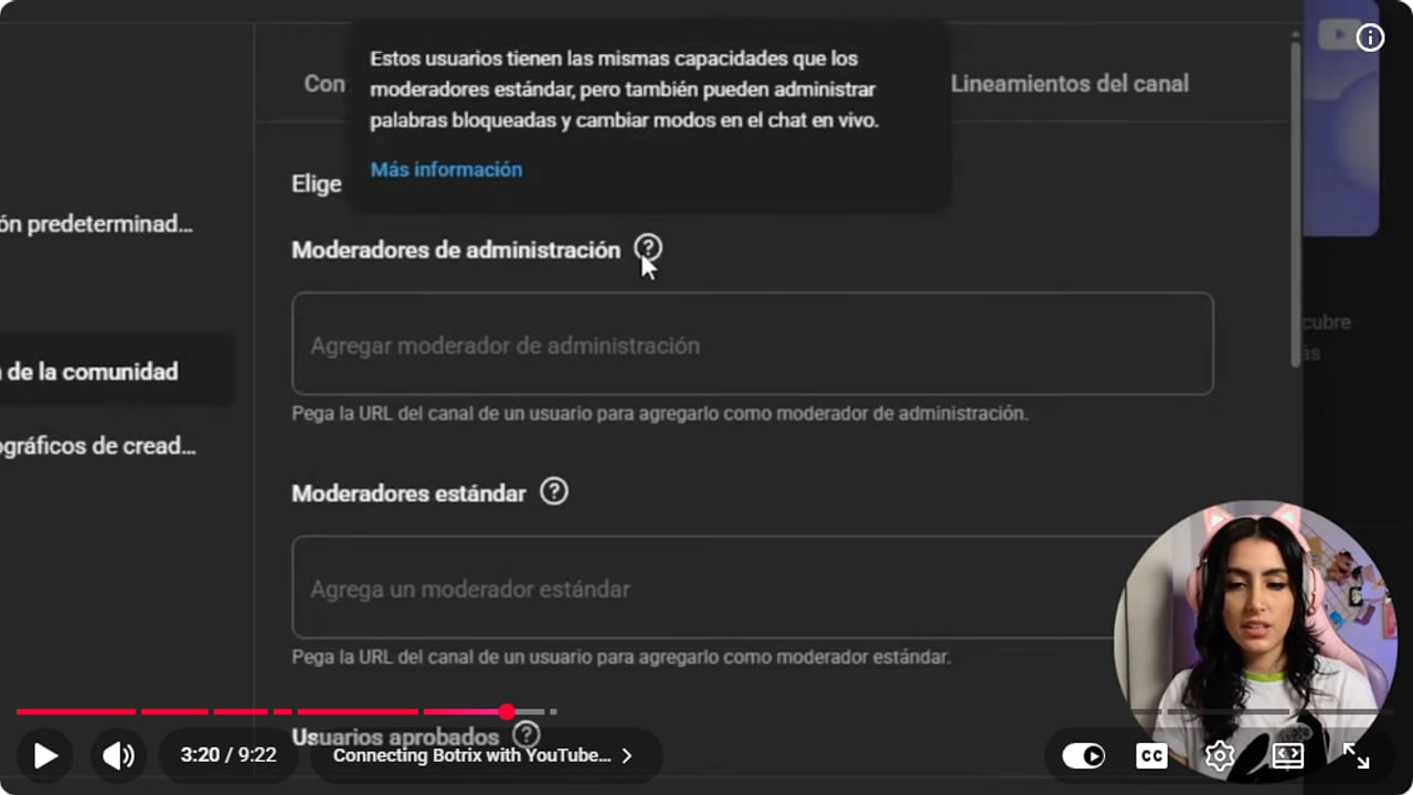 Controles de moderadores de YouTube Studio durante la autorización de Botrix