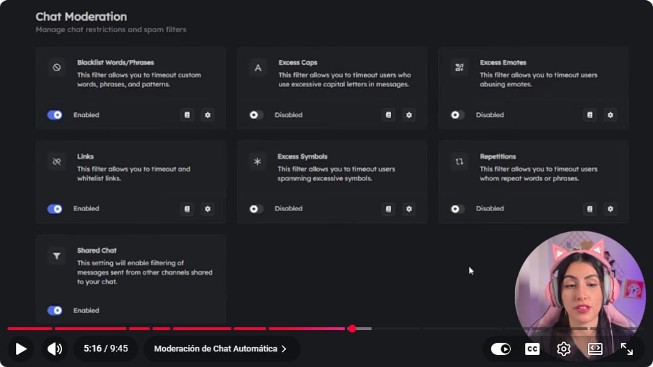 Lista de filtros de Spam Protection en Nightbot