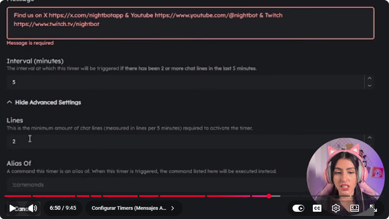 Timer de Nightbot con intervalo y líneas de chat