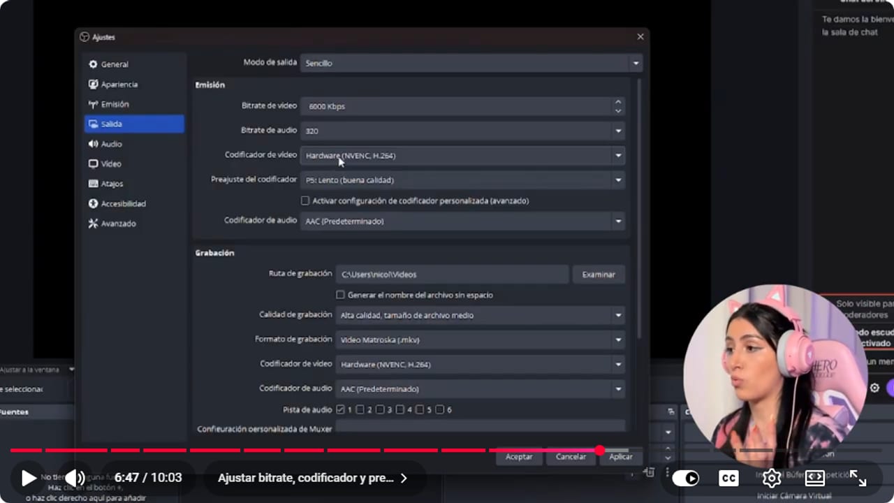 Ajustes de salida de OBS con bitrate y codificador NVENC H.264 por hardware