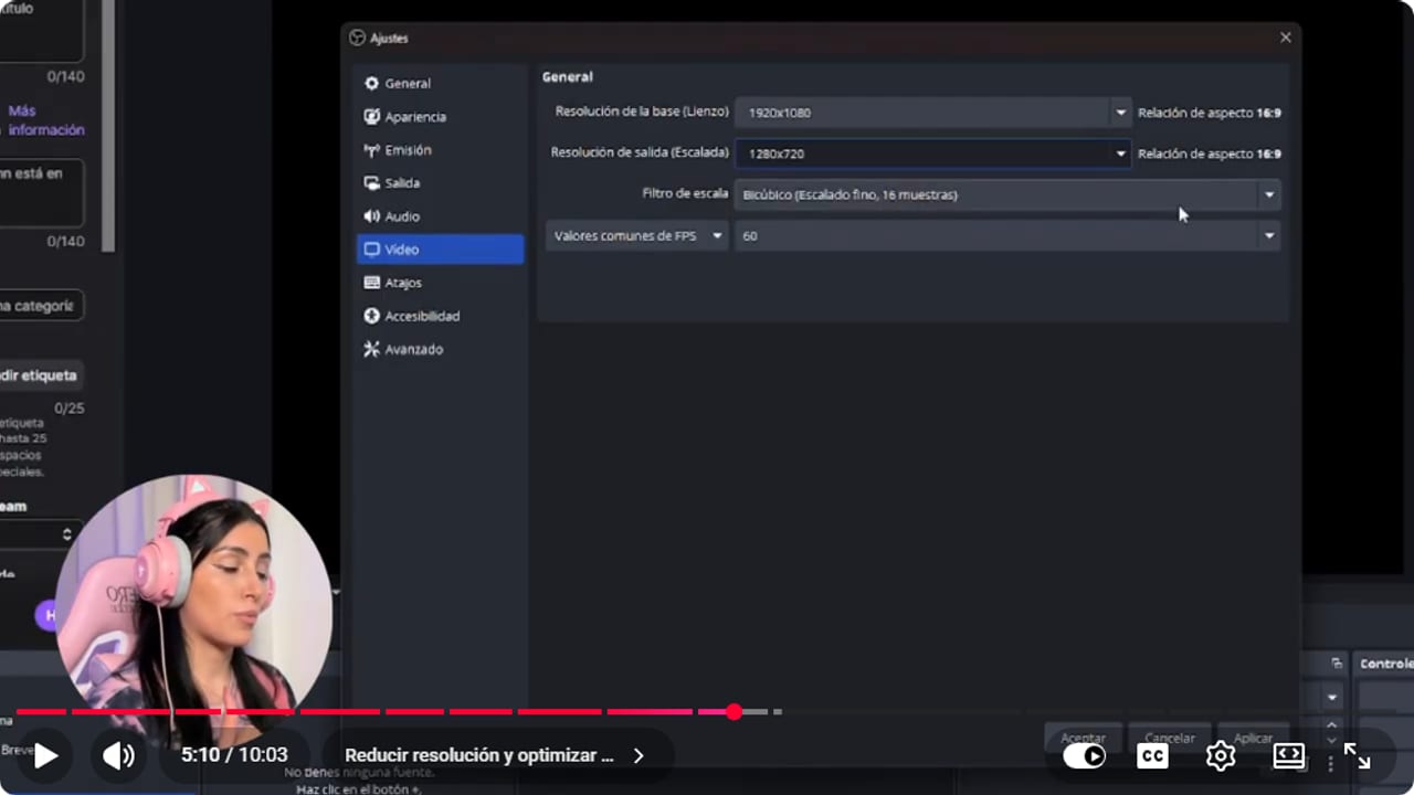 Ajustes de video de OBS con lienzo 1920 por 1080, salida 1280 por 720 y 60 FPS
