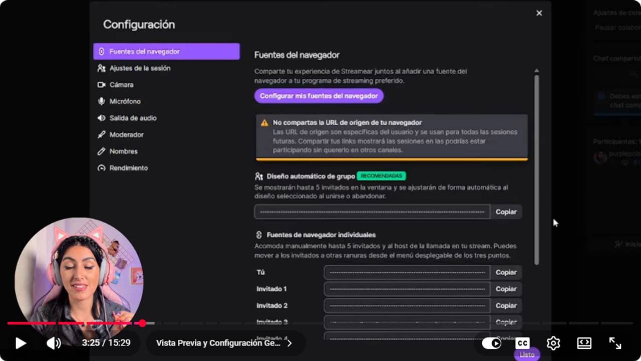 Ajustes de fuentes de navegador de Stream Together con enlaces grupales e individuales