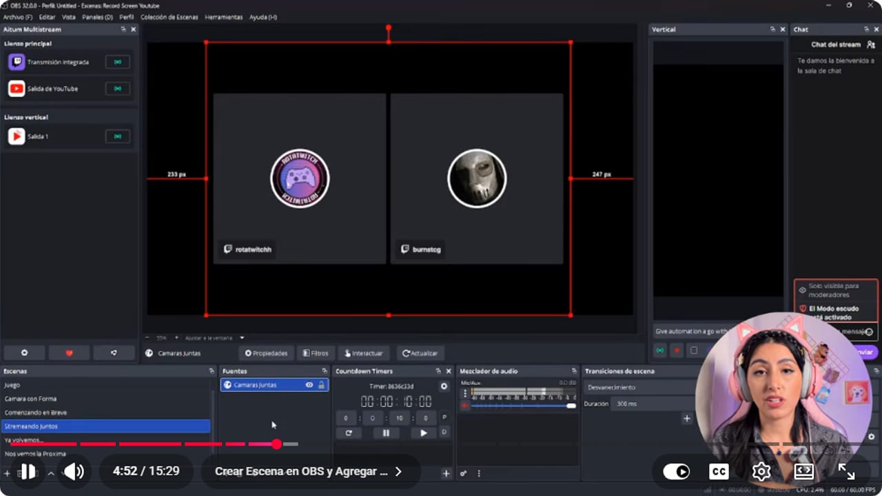Vista previa de OBS con dos invitados dentro de una fuente grupal de Stream Together