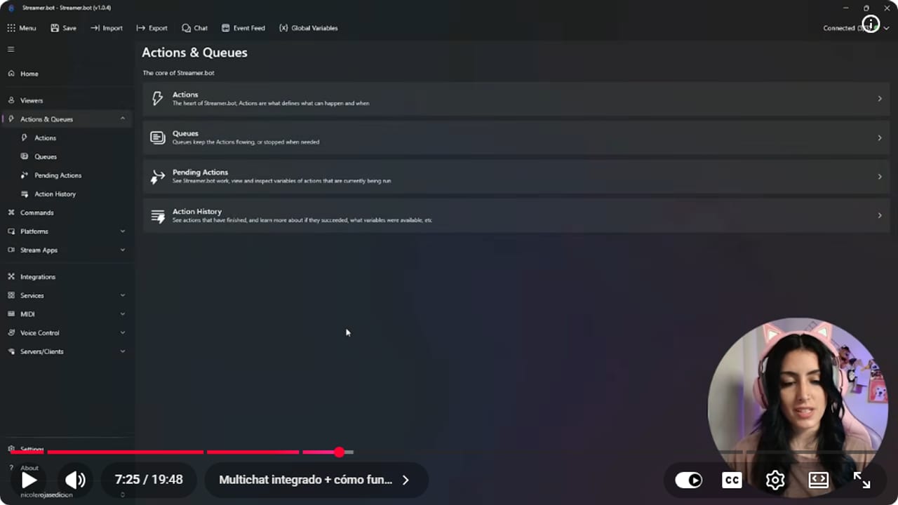Panel de acciones y subacciones en Streamer.bot