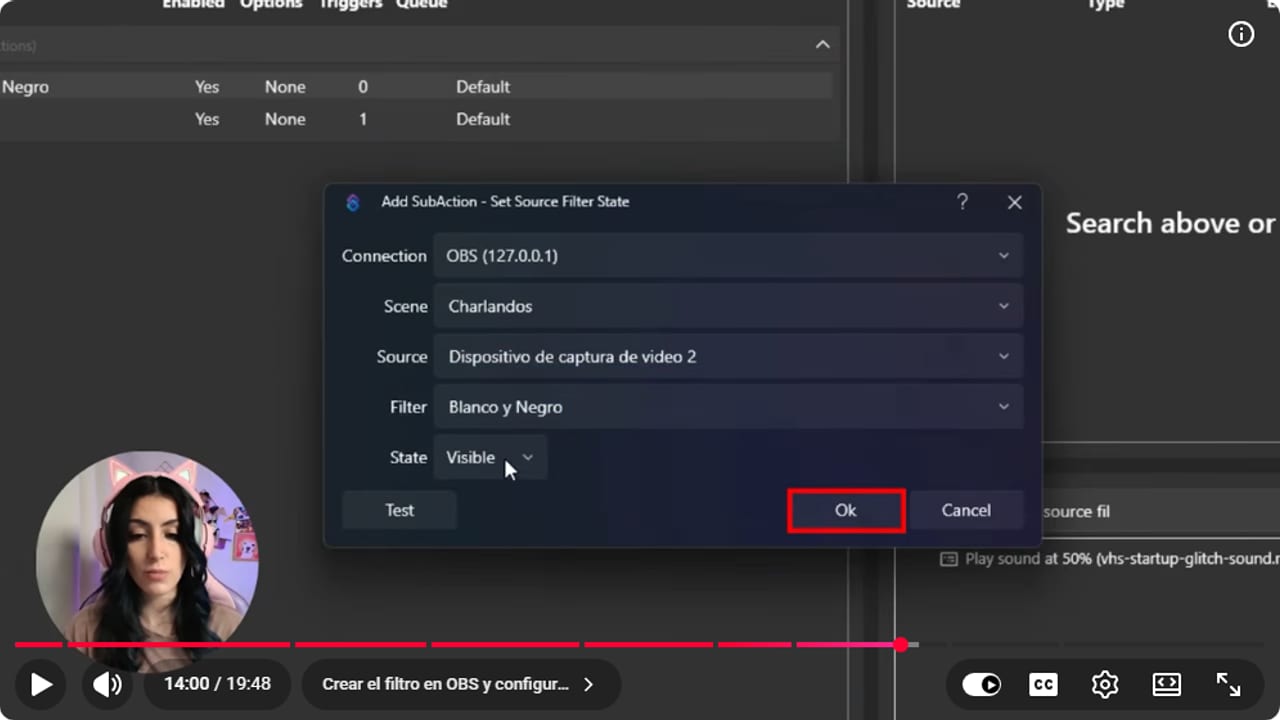 Subacción Set Source Filter State configurada para un filtro de OBS