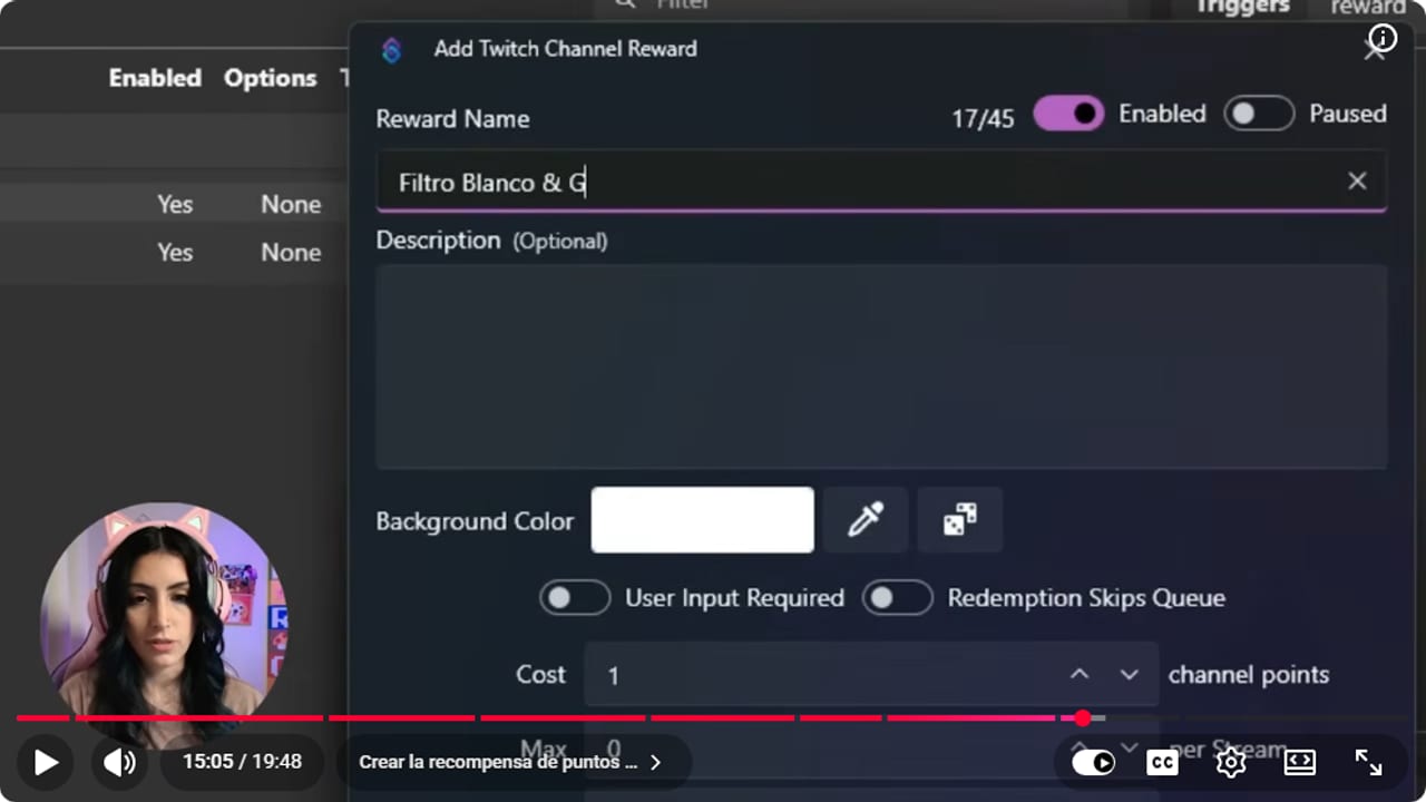 Recompensa de puntos de Twitch con costo y límites