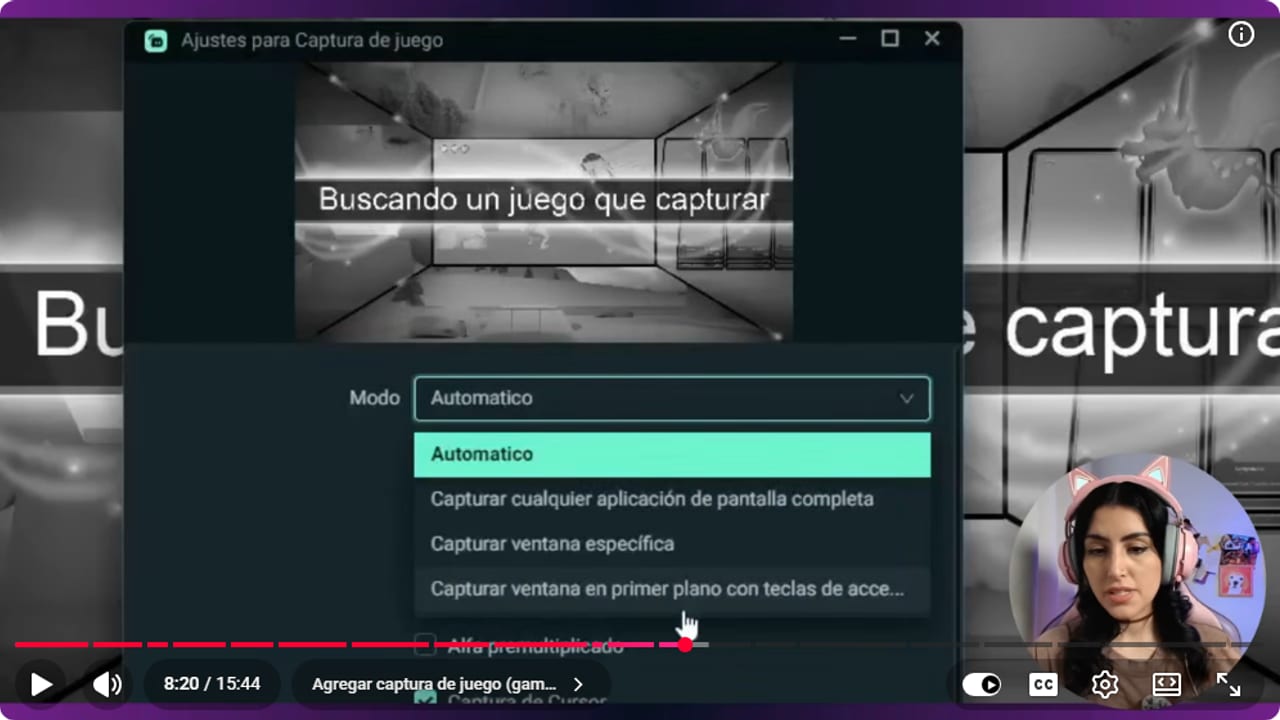 Menú de modo de Captura de juego en Streamlabs con Automático seleccionado