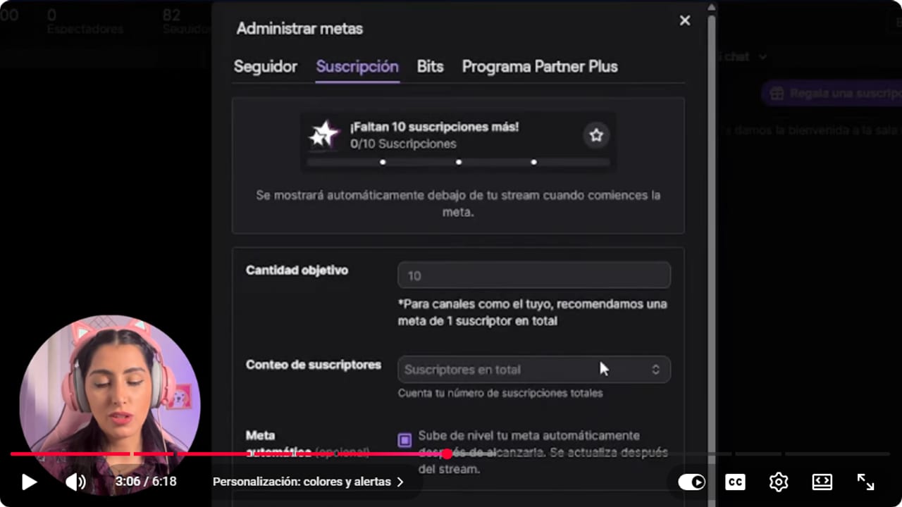 Editor de meta de suscriptores con cantidad y descripción