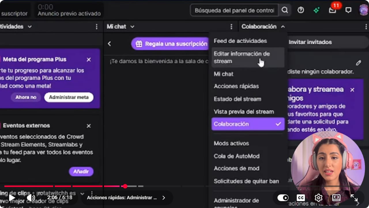 Acciones rápidas de Twitch con Administrar metas visible