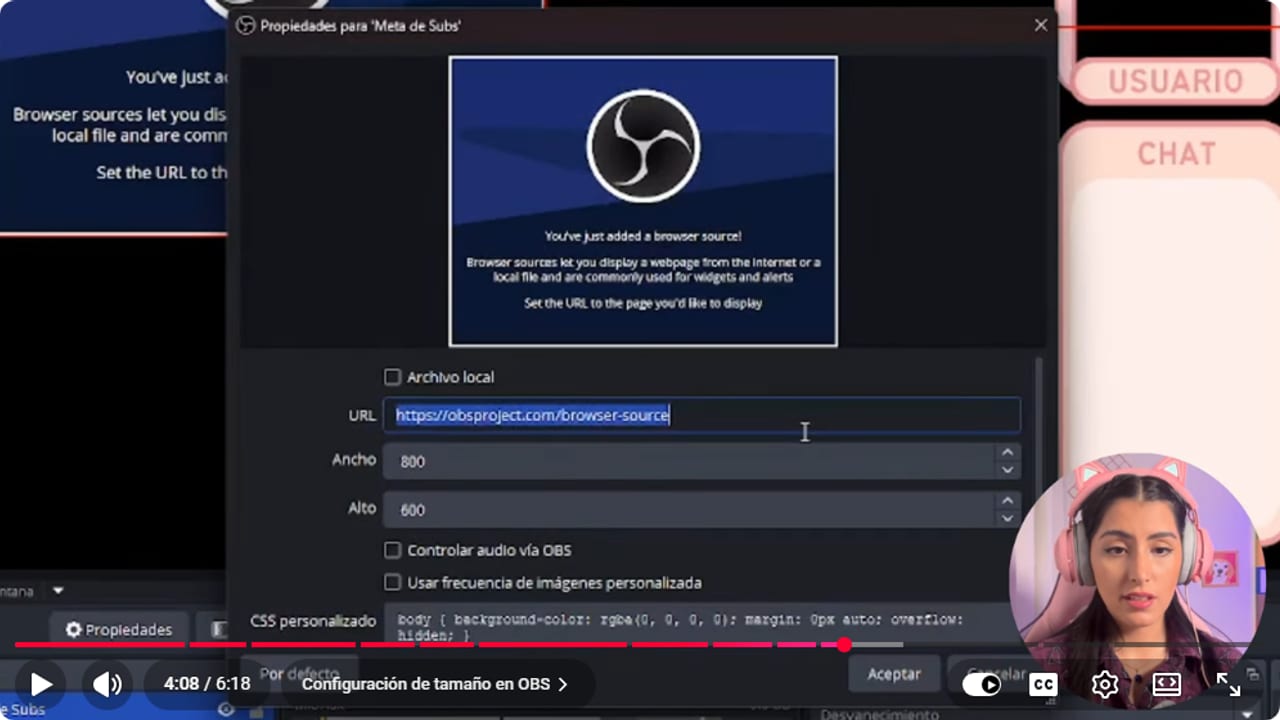 Propiedades de Browser Source en OBS para una meta de Twitch