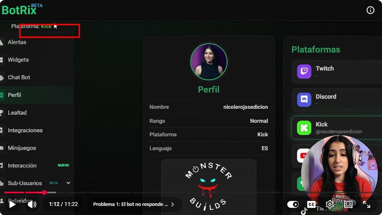 BotRix dashboard with the Plataforma: Kick selector highlighted top left and Kick connected under Plataformas