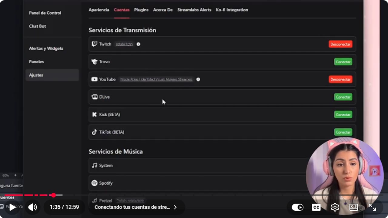 Casterlabs Accounts tab with Twitch and YouTube connected and Kick and TikTok in beta with a Connect button