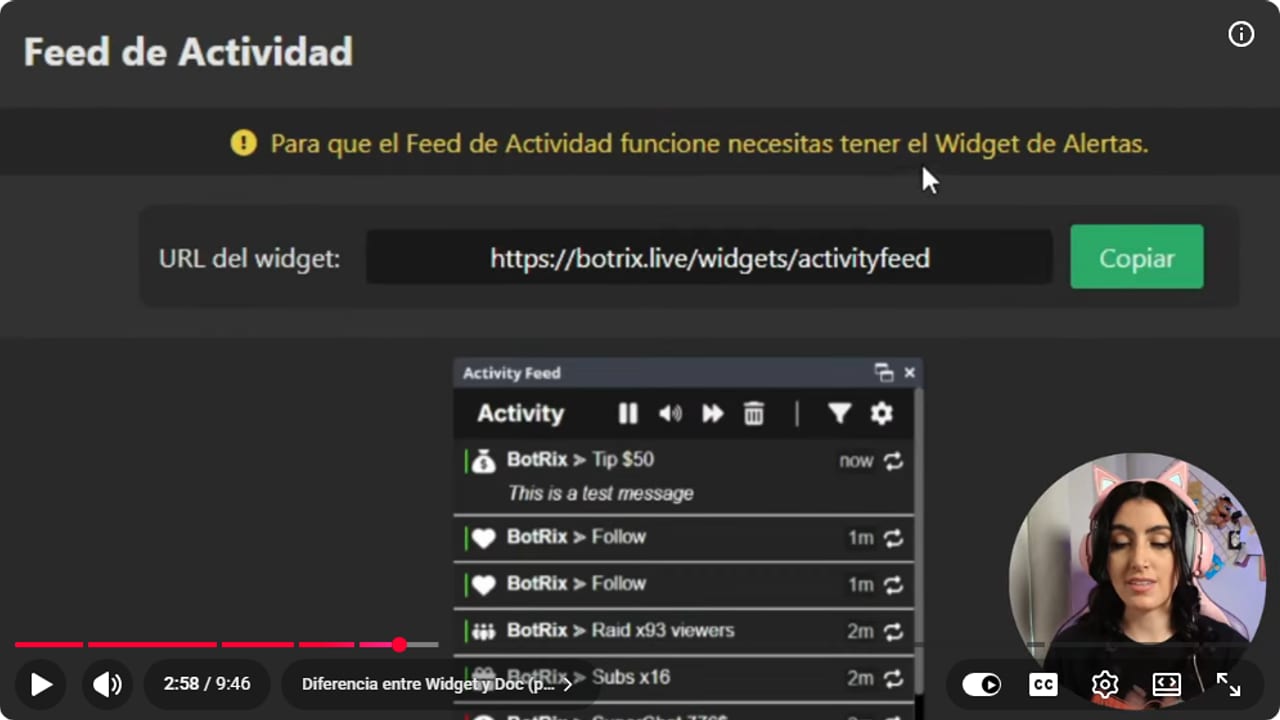 BotRix Activity Feed page with a warning that it needs the alerts widget, the widget URL and a list of test events