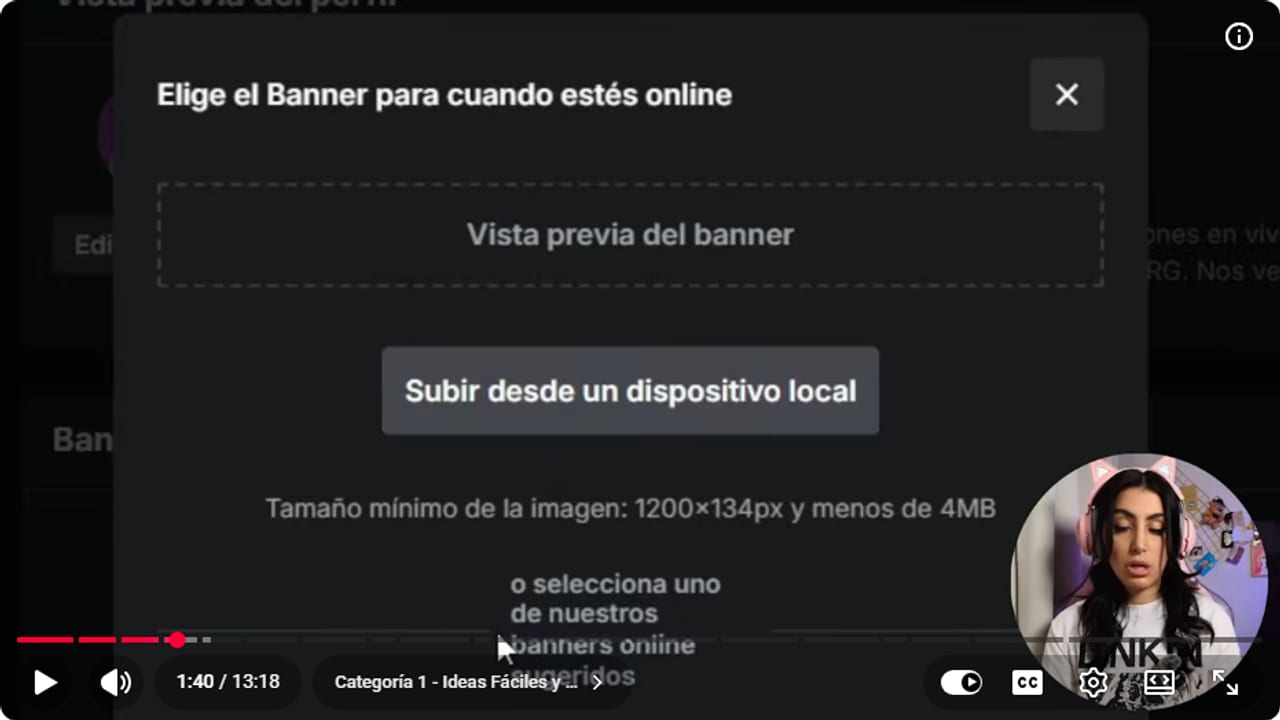 Kick dialog for uploading the channel banner, showing the minimum size of 1200 x 134 pixels and under 4 MB