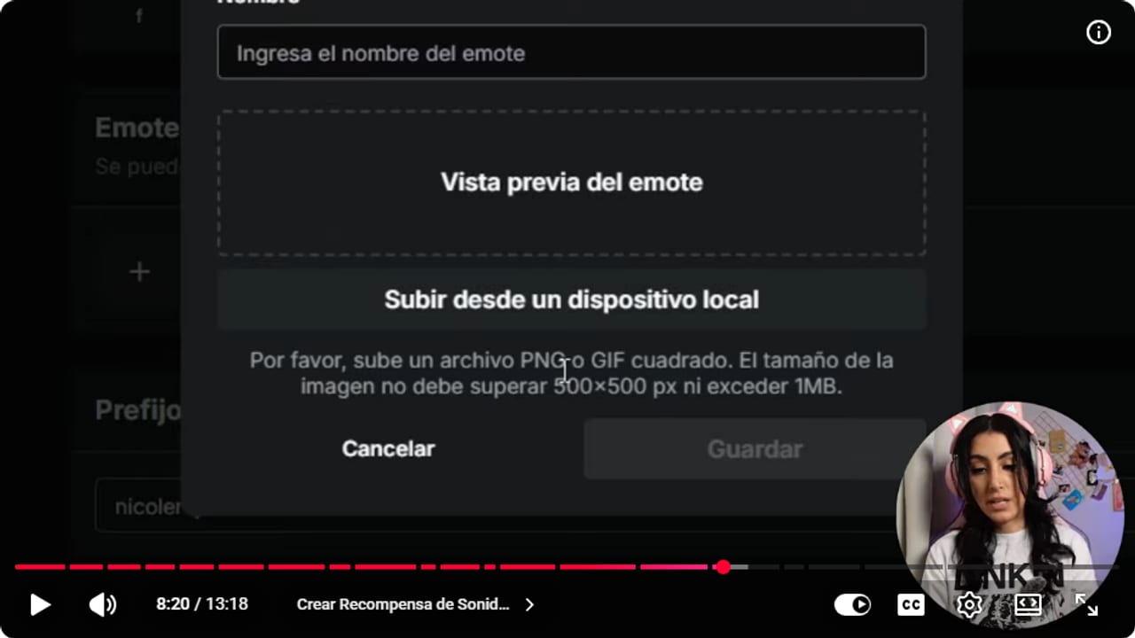 Kick emote upload window with a name field and the rule of a square PNG or GIF up to 500 x 500 pixels and 1 MB