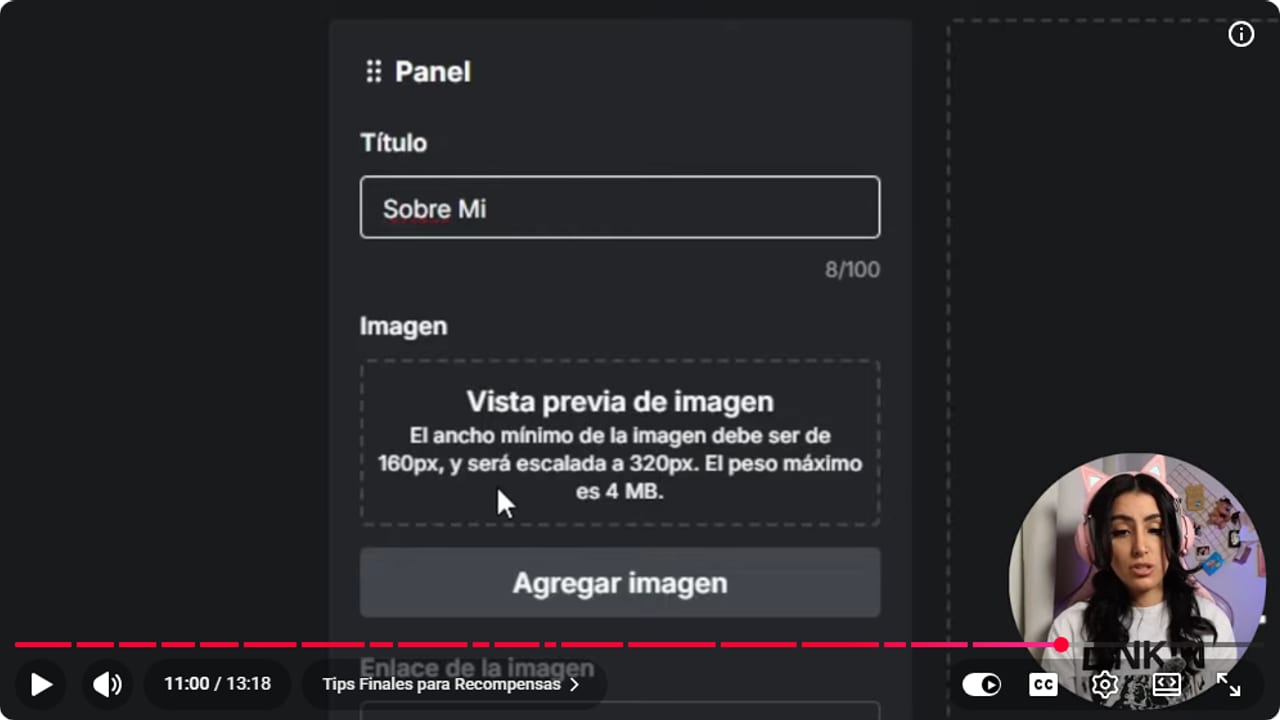 Kick panel editor titled Sobre Mi, with the note that images need to be at least 160 pixels wide and get scaled to 320