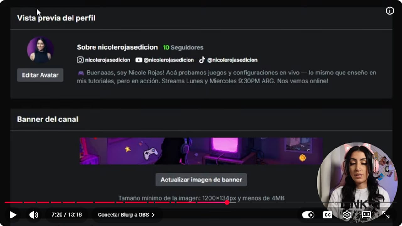 Kick profile preview with Nicole's avatar, her Instagram, YouTube and TikTok handles, her bio and the channel banner
