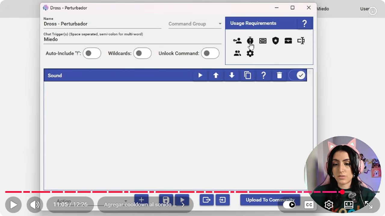Mix It Up command editor with Chat Trigger set to Miedo, Auto-Include switched off and a Sound action