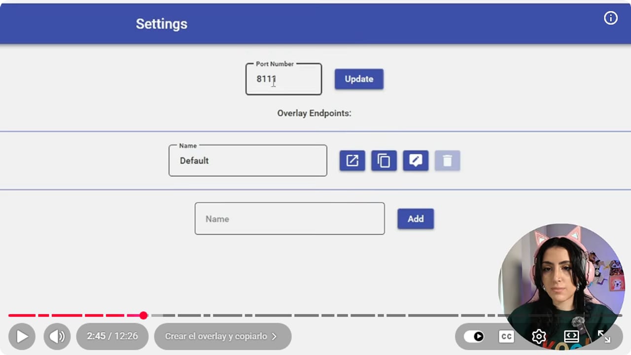 Mix It Up Settings screen showing the Overlay Endpoints list, the Default endpoint and the Name field with an Add button