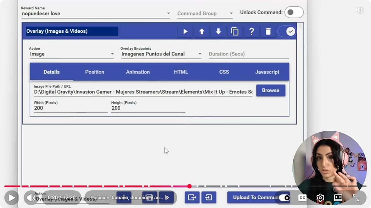 Mix It Up reward editor with the Overlay action set to Image, the chosen endpoint and a 200 by 200 pixel size