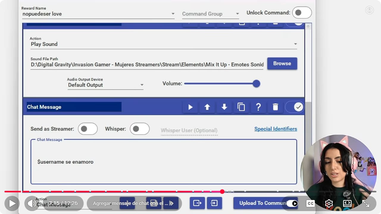 Play Sound and Chat Message actions in Mix It Up, with a $username message and Send as Streamer switched off