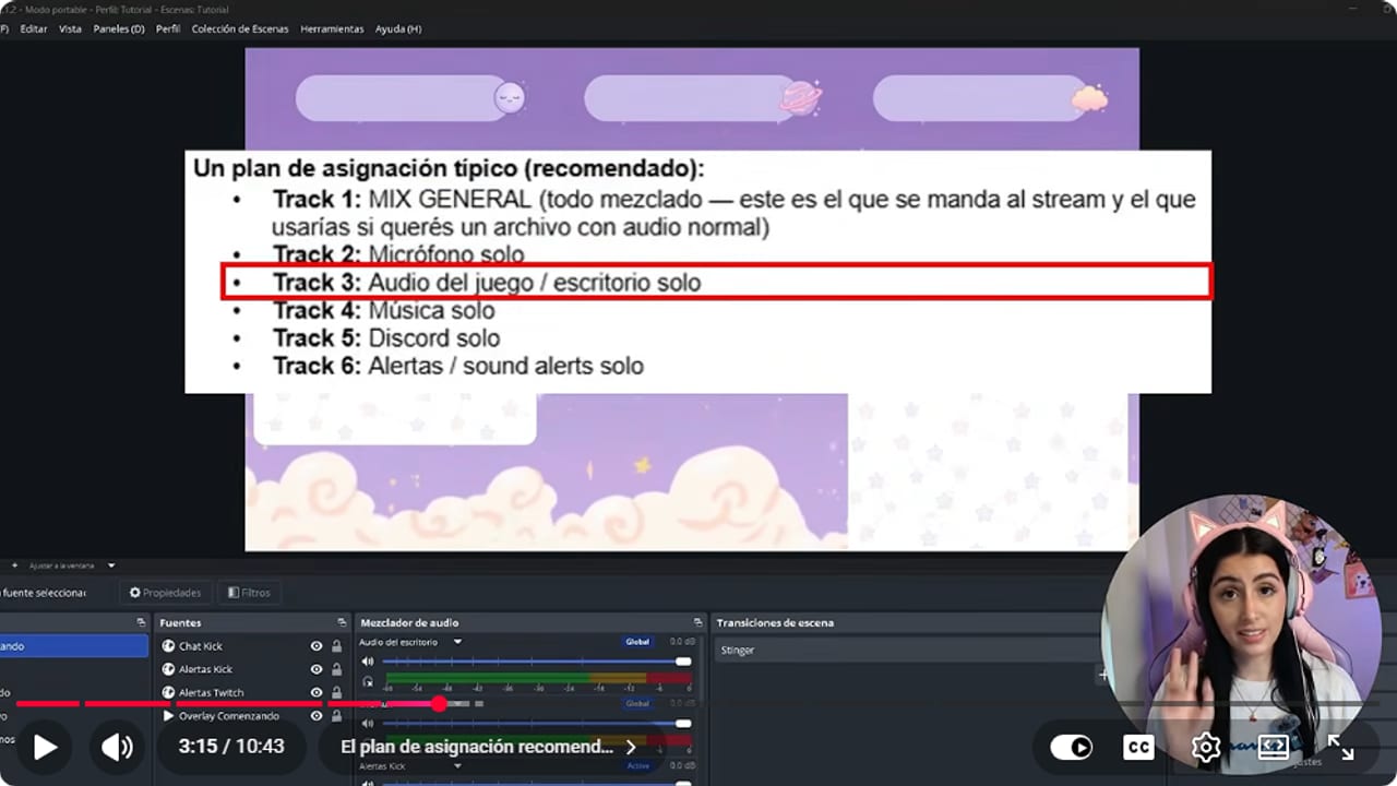 On-screen track plan: 1 full mix, 2 mic, 3 game, 4 music, 5 Discord and 6 alerts