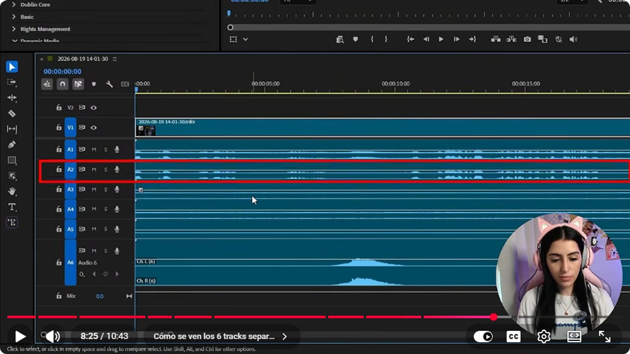 Premiere timeline with the OBS recording and six audio tracks, A1 to A6, under the video