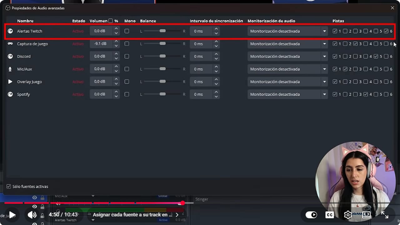 OBS Advanced Audio Properties with alerts on 1 and 6, game on 1 and 3, Discord on 1 and 5, mic on 1 and 2, Spotify on 1 and 4