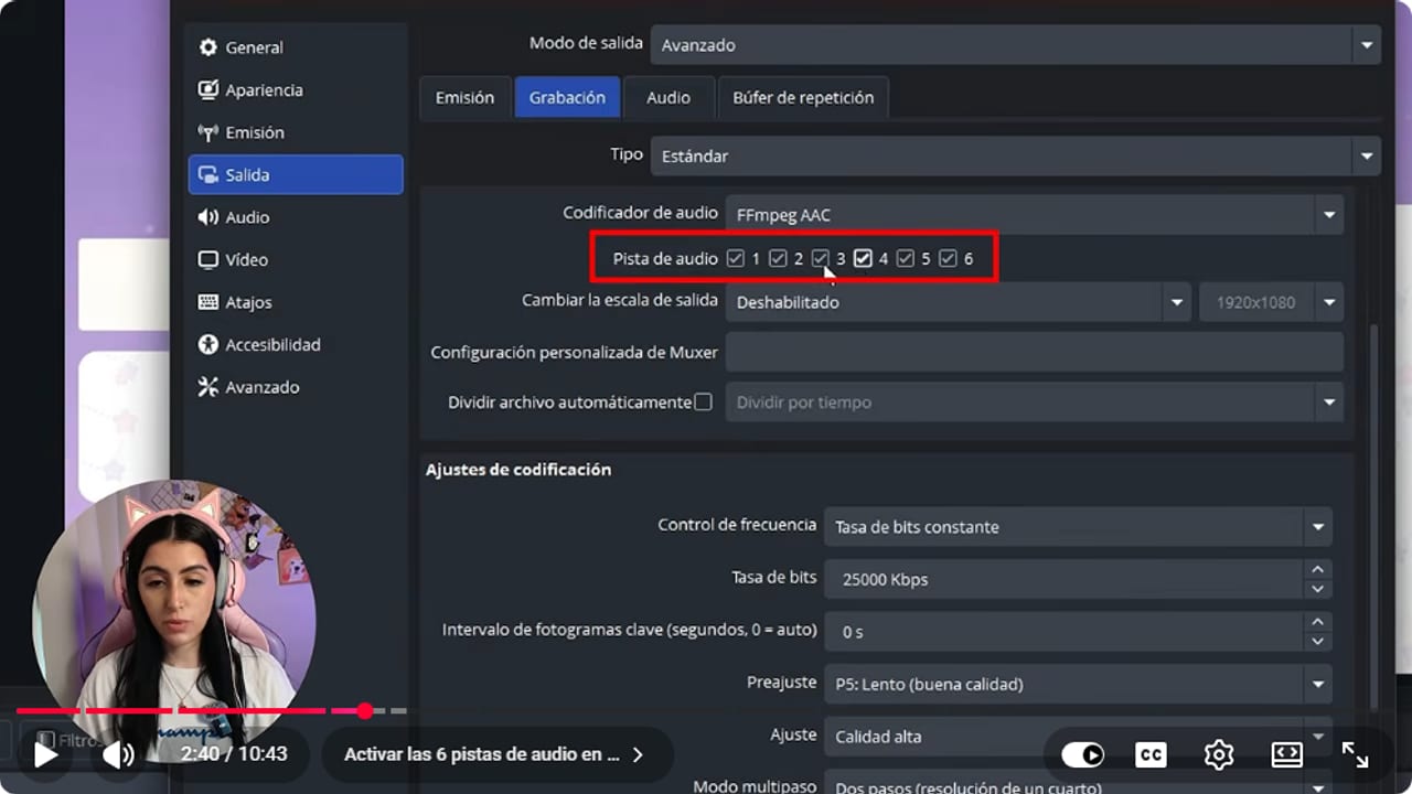 OBS Output settings in Advanced mode on the Recording tab with audio tracks 1 to 6 ticked