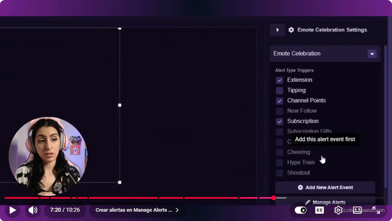 Emote Celebration Alert Type Triggers list with some events ticked, others greyed out and the tooltip Add this alert event first