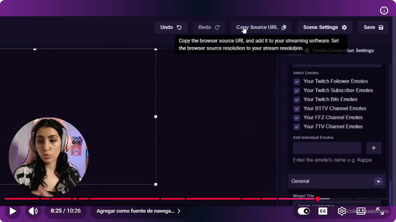Sound Alerts Scene Editor bar with the Copy Source URL button and its tooltip, next to the Select Emotes list