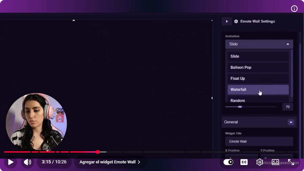 Sound Alerts Emote Wall settings with the animation menu open and Waterfall highlighted