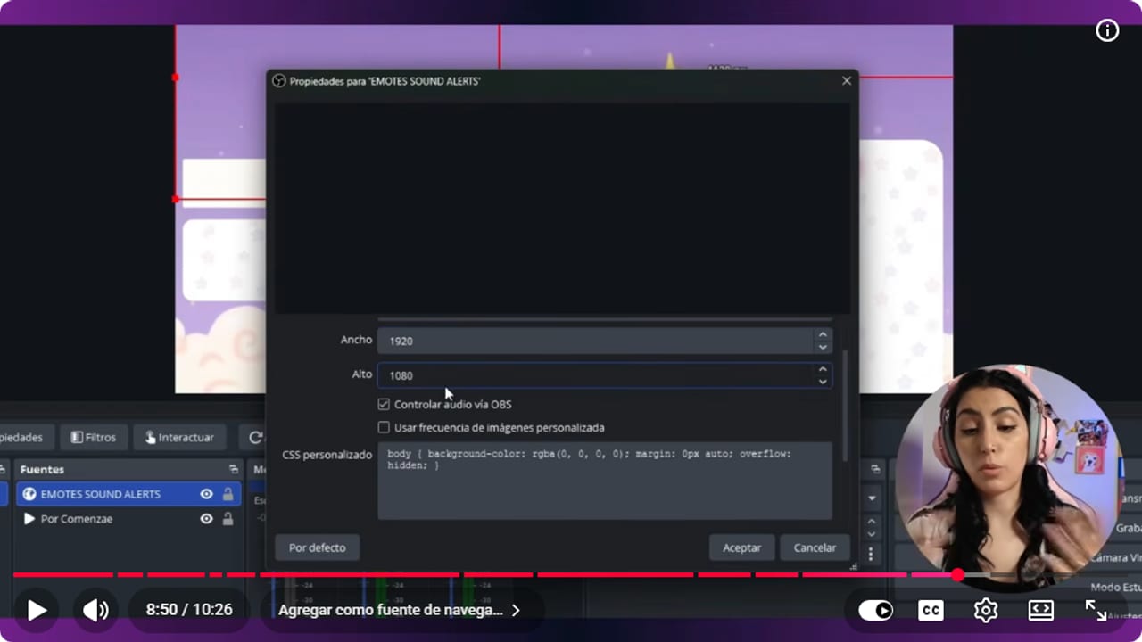 OBS properties for the EMOTES SOUND ALERTS source with width 1920, height 1080 and Control audio via OBS ticked