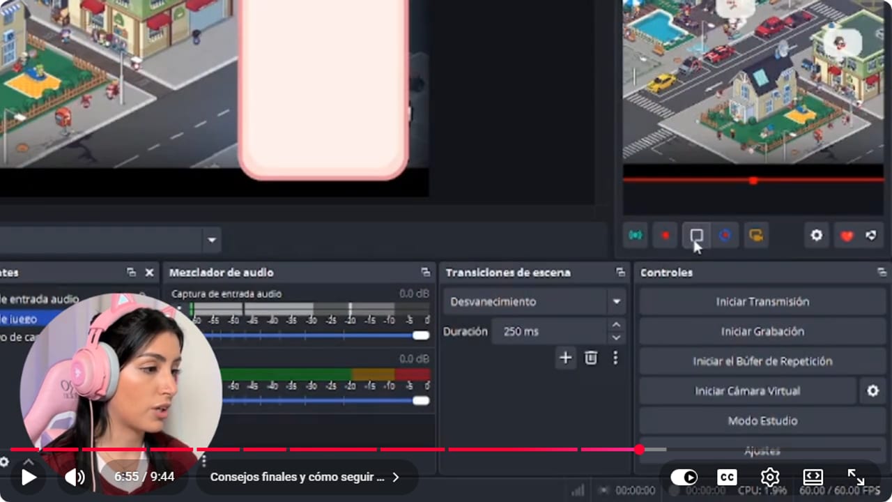 Cursor sobre el botón de backtrack en la fila de botones debajo de la vista previa de Aitum Vertical en OBS