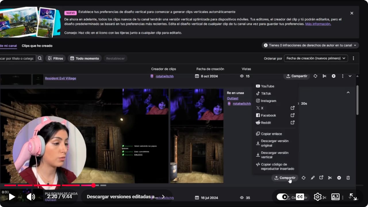 Menú Compartir de un clip de Twitch con las opciones Descargar versión original y Descargar versión vertical