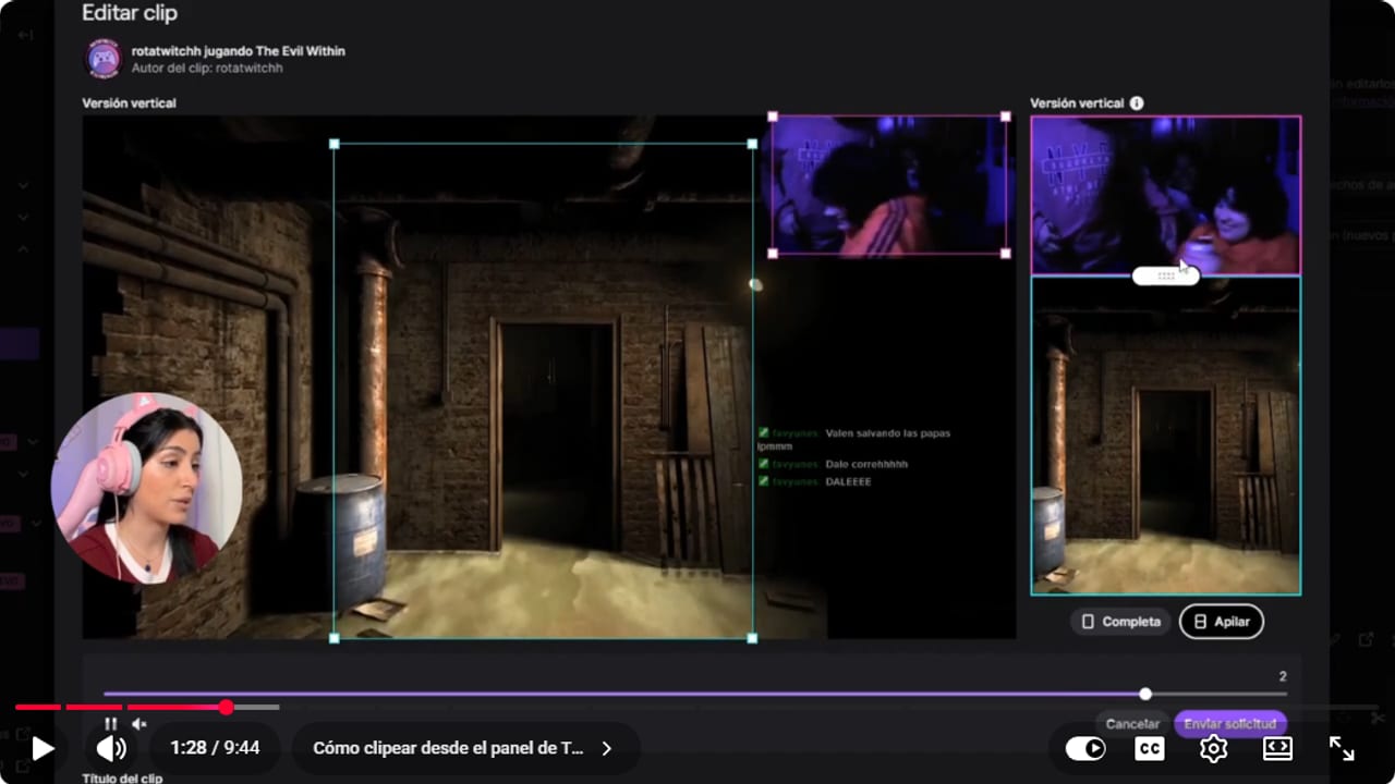Editor de clips de Twitch con el diseño Apilar, la cámara arriba y el juego abajo en la versión vertical