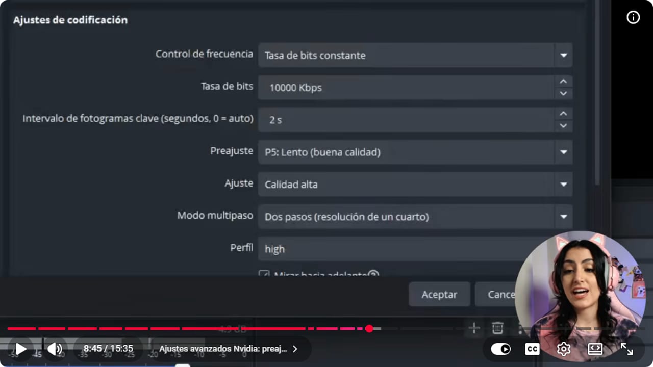 OBS encoder settings with constant bitrate, 10000 Kbps and a 2 second keyframe interval