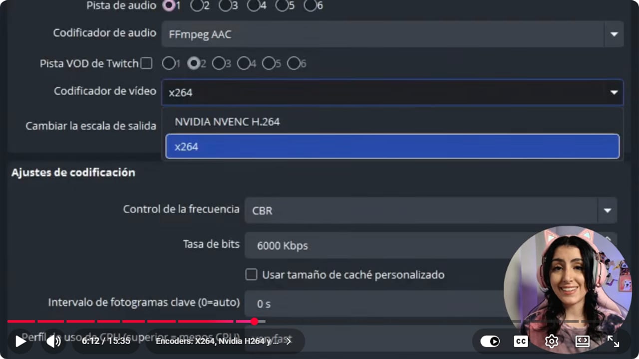 OBS Video Encoder dropdown open with NVIDIA NVENC H.264 and x264 options
