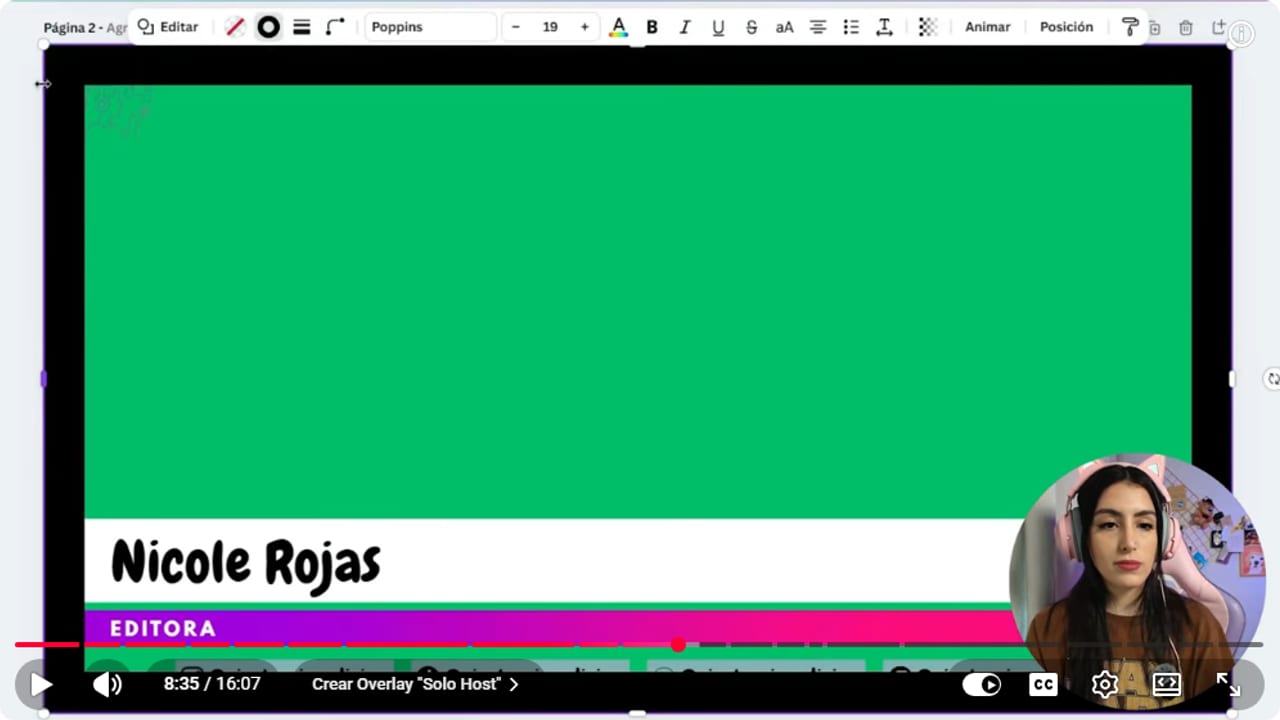 Página de Canva con una zona verde grande, un borde alrededor y el lower third de Nicole Rojas