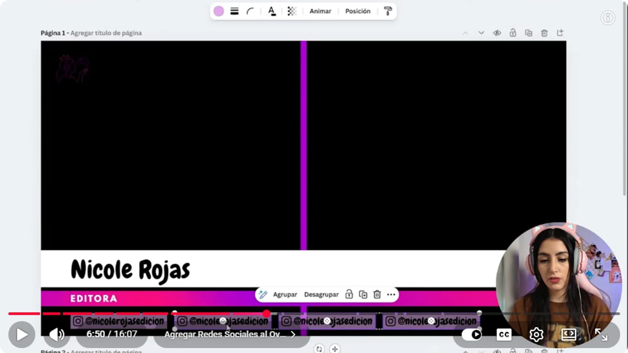 Diseño en Canva con un lower third que dice Nicole Rojas, Editora, y cuatro bloques de redes debajo