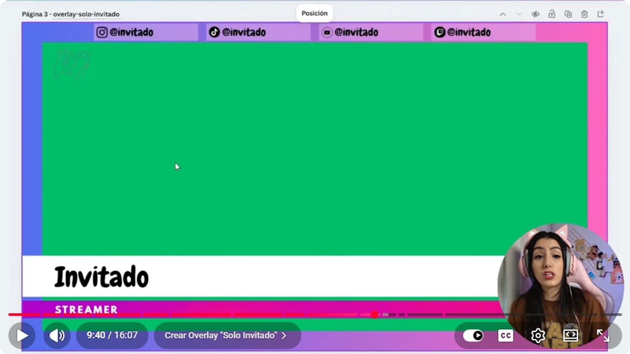 Página 3 de Canva llamada overlay solo invitado con redes arriba y lower third de Invitado