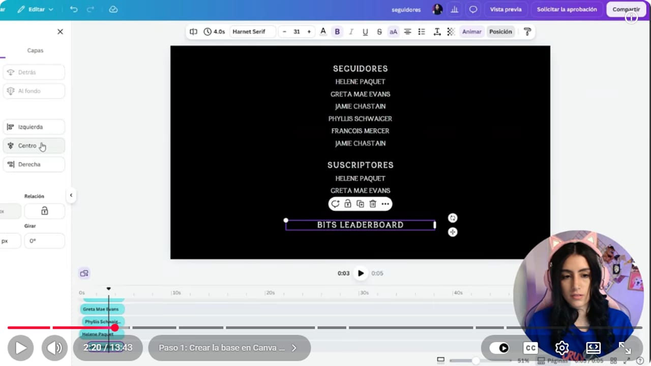 Black Canva canvas with centered Followers, Subscribers and Bits leaderboard headings and names under each
