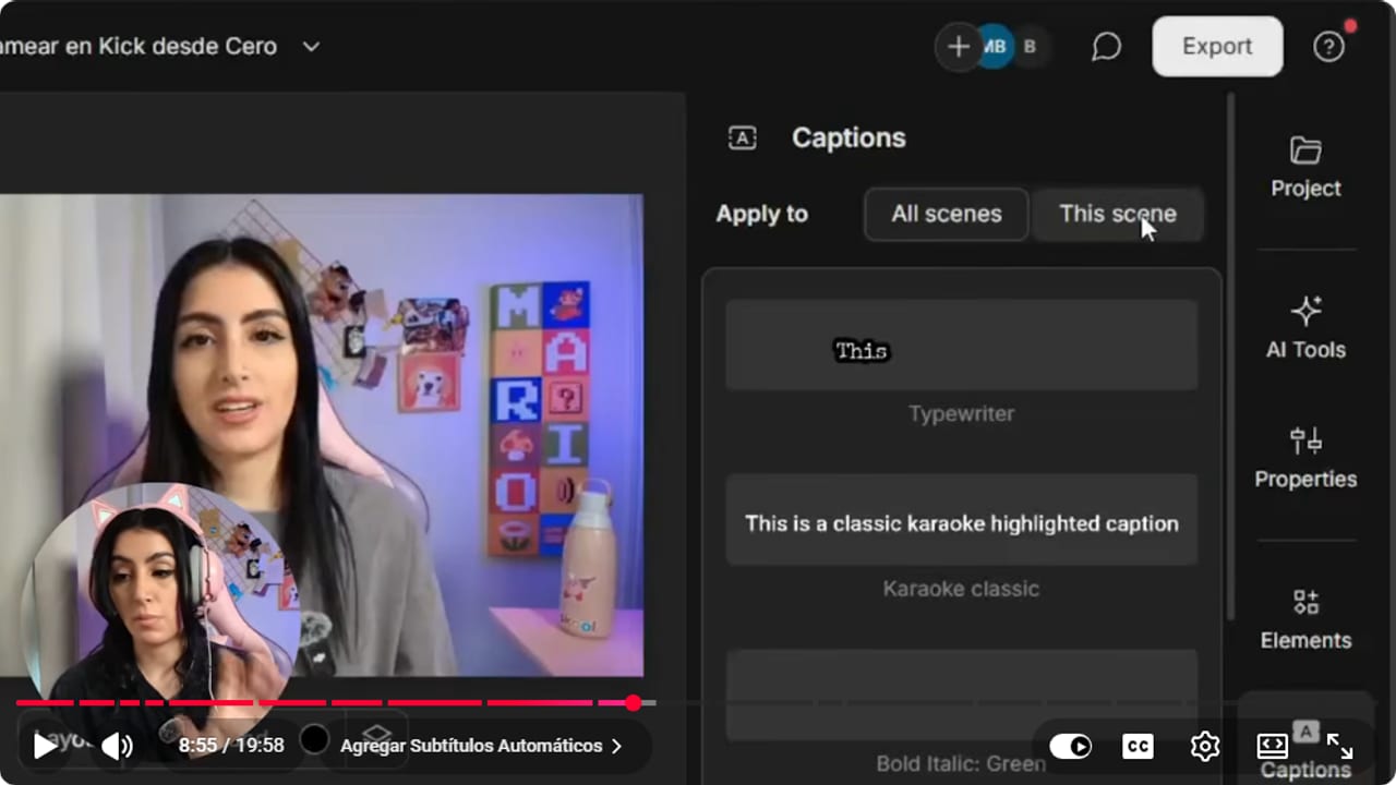 Descript Captions panel with All scenes and This scene options and caption style previews