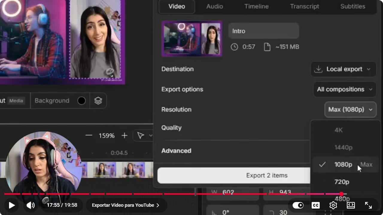 Descript Export window with Local export, All compositions and 1080p resolution