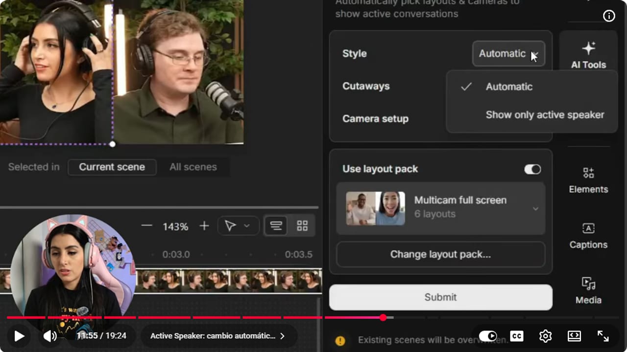 Descript automatic multicam panel with the Style menu open on Automatic